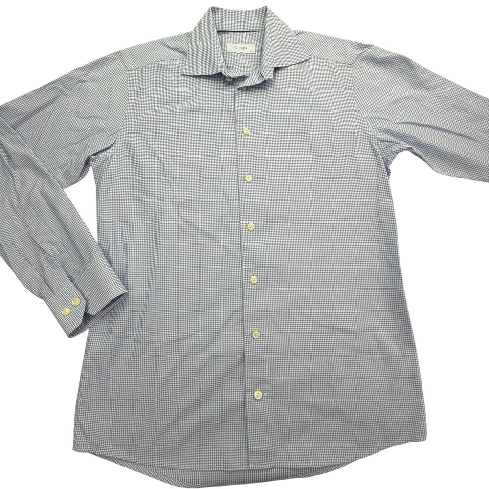 Eton Shirt Mens 15.5 - 33 Slim Blue Gingham Long Sleeve Spread Collar Sweden